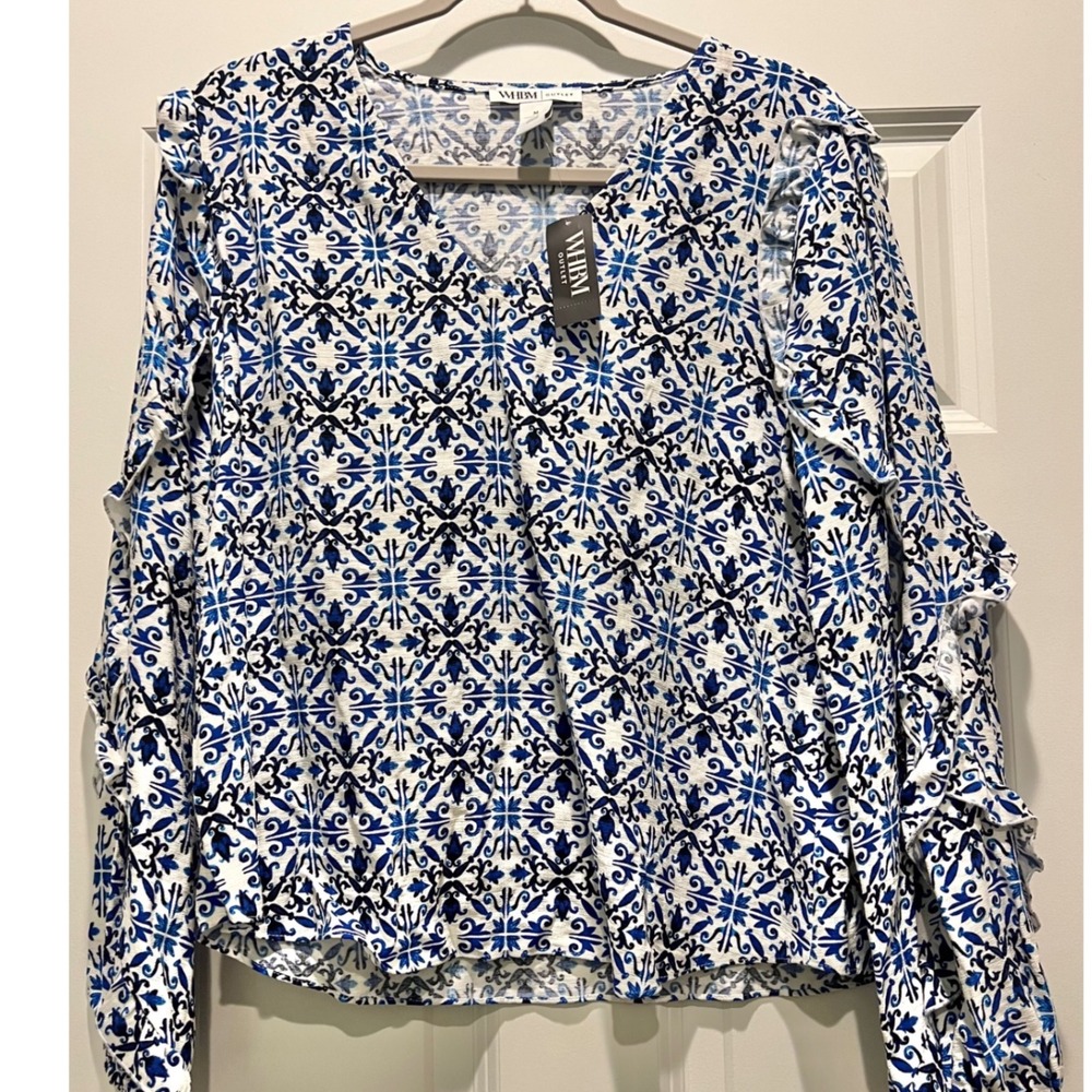NWT White House Black Market Women's Blue Ruffle Sleeve Top Size: M